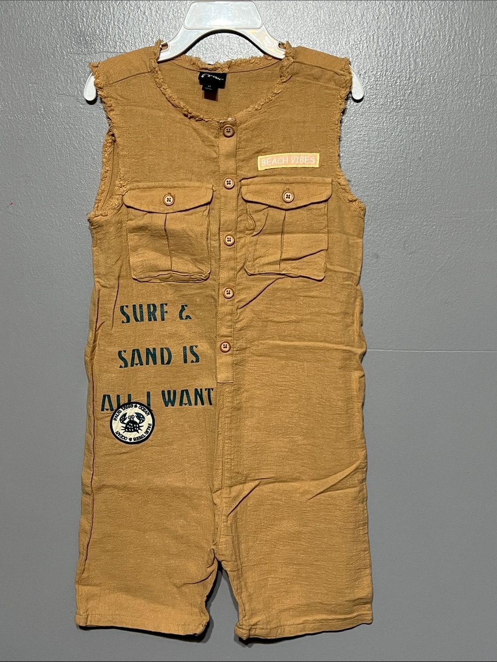 Art Class Sleeveless Fringe Linen Cotton Blend Romper Tan One Piece Boy’s 4T